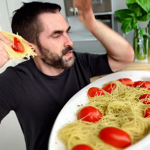 Prompt: a man eating raw pasta for breakfast
