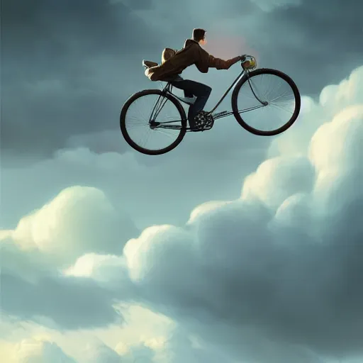 Prompt: In a warm atmosphere, a fancy portrait of a happy man flying in the sky on his bicycle in the clouds, perfect expression, Ross Tran, Greg Rutkowski, Maciej Kuciara, volumetric lighting, dramatic, trending on artstation