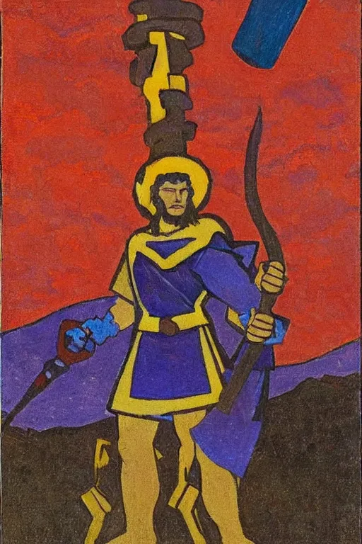 Image similar to thor with hammer, marvel, artwork by nicholas roerich,