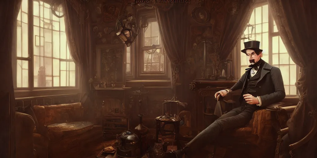 Prompt: highly detailed portrait painting of victorian gentleman, steampunk, room mono window, by eddie mendoza and tyler edlin, 8 k resolution