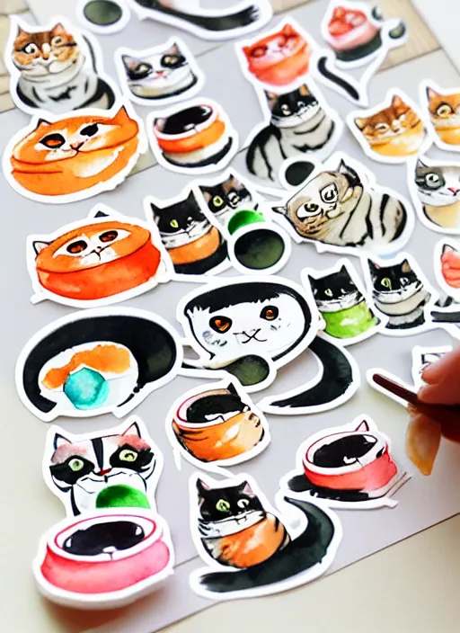 Image similar to cute cats and sushi watercolour sticker sheet