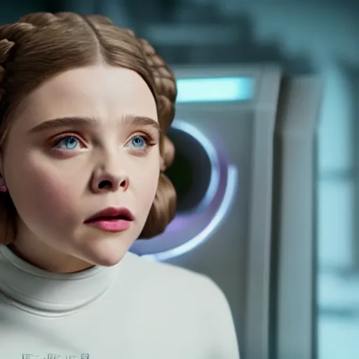 Image similar to Adult Chloe Moretz as Princess Leia, movie scene, XF IQ4, 150MP, 50mm, F1.4, studio lighting, professional, Dolby Vision, UHD