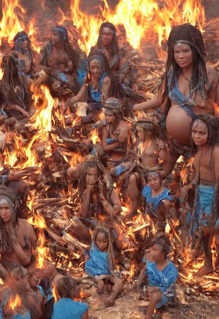 Image similar to realistic bonfire tribe gather with a pregnant woman as her leader, intense blue eyes, realistic, antartica