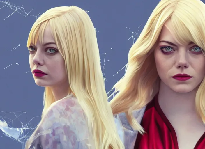 Image similar to Emma stone is gwen stacy spider man, spider woman, Emma stone with blond hair, blond, full body photo, in gwen stacy spider suit, white spider suit, smooth face, posing for camera, cinematic, epic background action pose, hyper realism, artstation, 8k, photoshoot