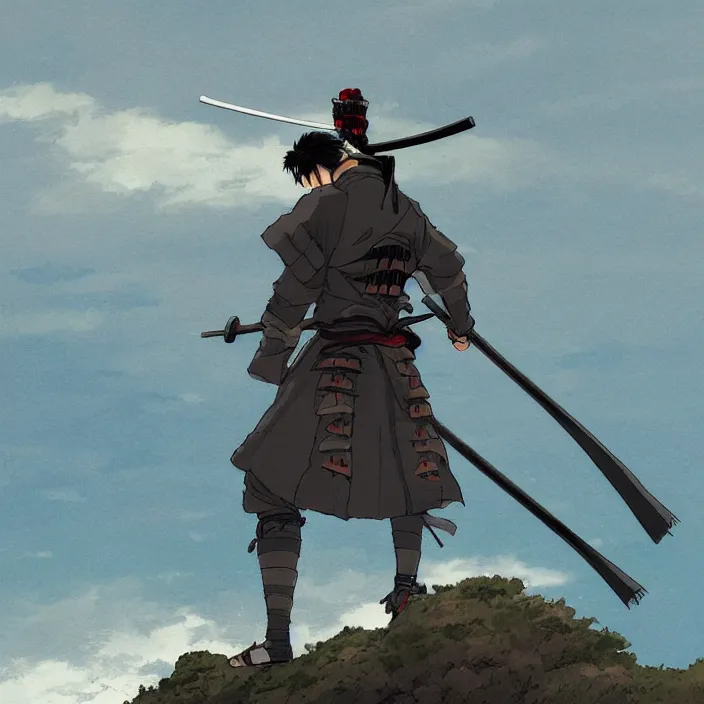 Prompt: an ( ( ( ( anime ) ) ) ) still of a ronin samurai standing on the edge of a cliff overlooking the ocean, confident looking, finely detailed features, perfect art, at an ancient castle, trending on pixiv fanbox, painted by greg rutkowski makoto shinkai takashi takeuchi studio ghibli, akihiko yoshida