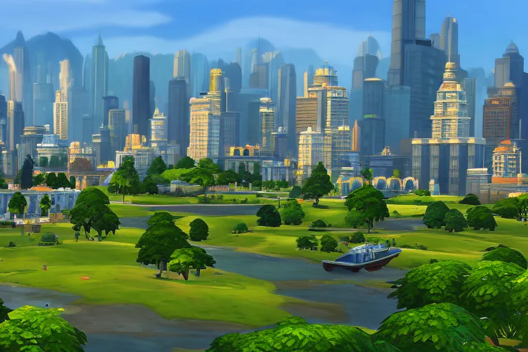 Prompt: serene landscape with a city on the Background in the style of Sims 4