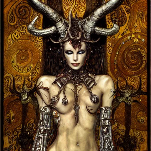 Prompt: horned cybernetic demon, circuitry, intricate detail, klimt, royo,