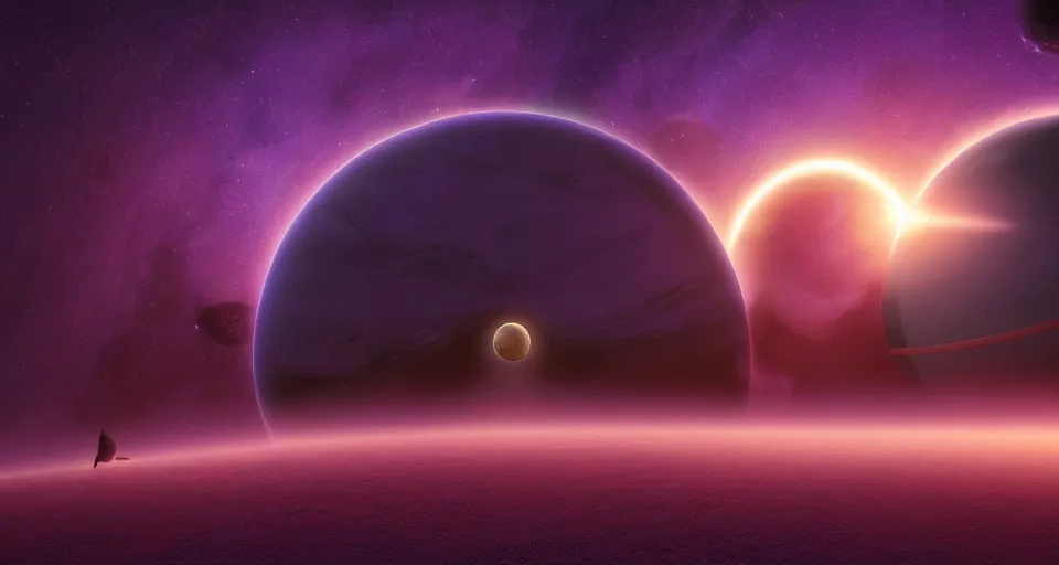 Image similar to planets align in the purple starry sunset horizon by Michael Whelan. octane Render, artstation, wallpaper, volumetric light..