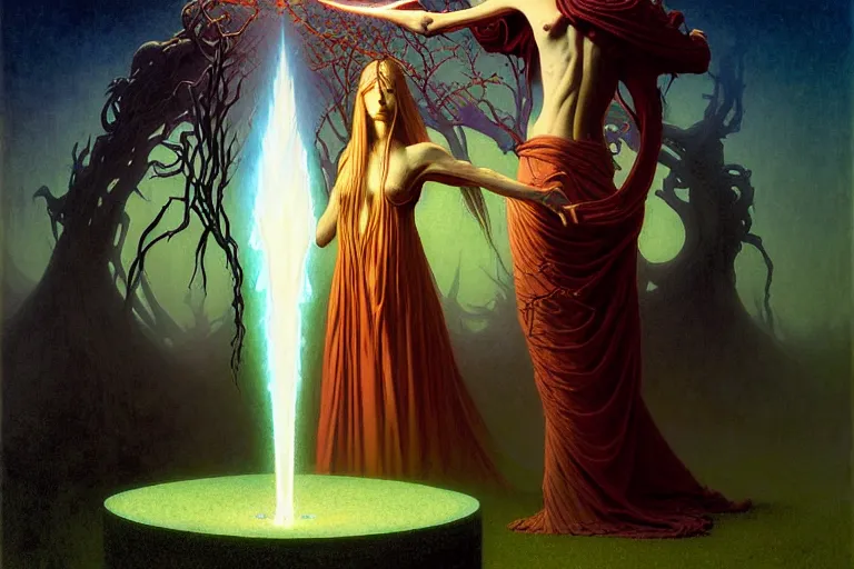 Image similar to the female arcanist and the male artificer by zacharias aagaard and albert bierstadt and gerald brom and zdzisław beksinski and james gilleard and wayne barlowe and marc simonetti and jean delville, beautiful, highly detailed, hyperrealistic, intricate, energy, electricity, blue flame, low light, green crystal, high contrast