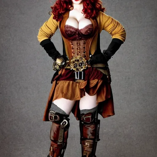 Prompt: full shot photo of christina hendricks as a steampunk warrior