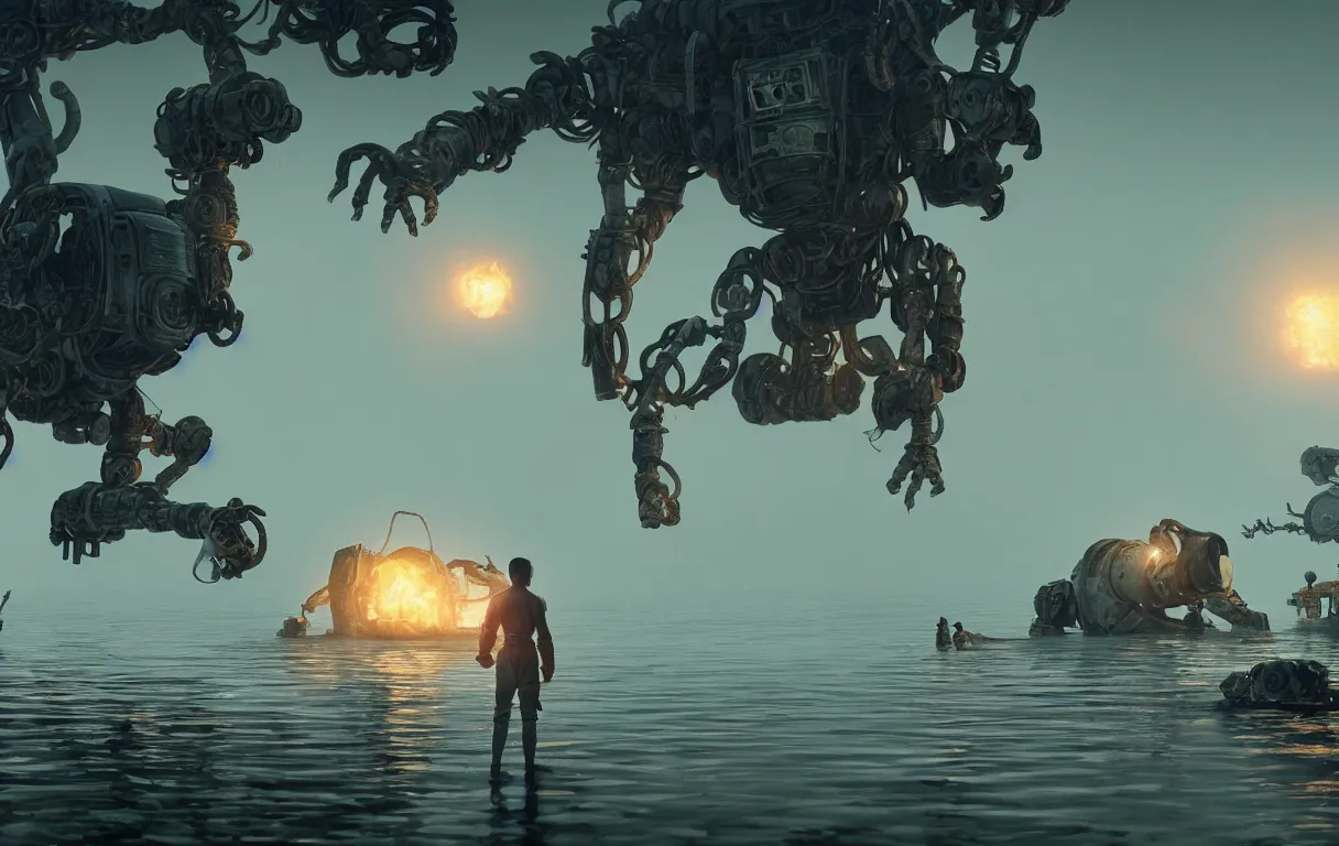 Prompt: amazing detailed lucid surreal rendering by wes anderson and greg rutkowski, octane render, volumetric lighting, depth of field, futurisitic boxing gym in a dying utopia, radioactive swamp, dnd kobold mech robot