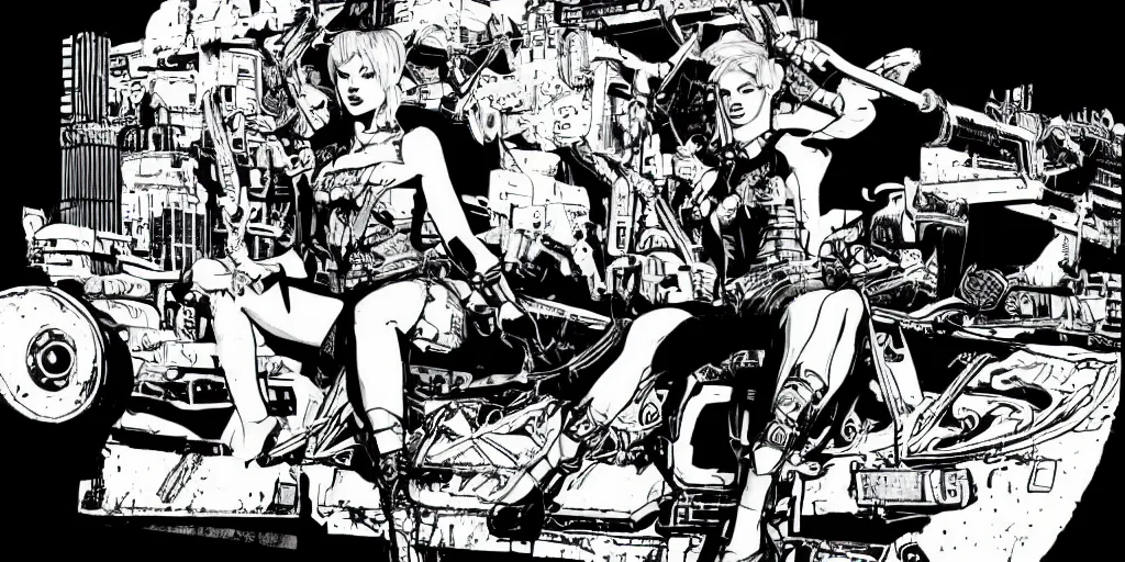 Image similar to single tank girl sitting on top of the tank. comic book style. black and white. illustration. marvel. print. high details.