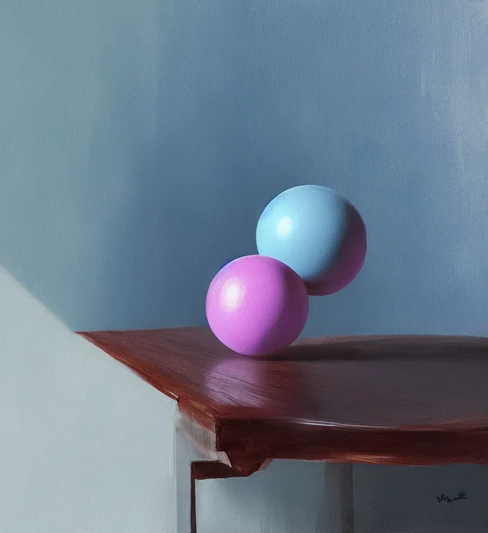 Prompt: a blue ball on a table, digital artwork by Wlop and Feng Zhu