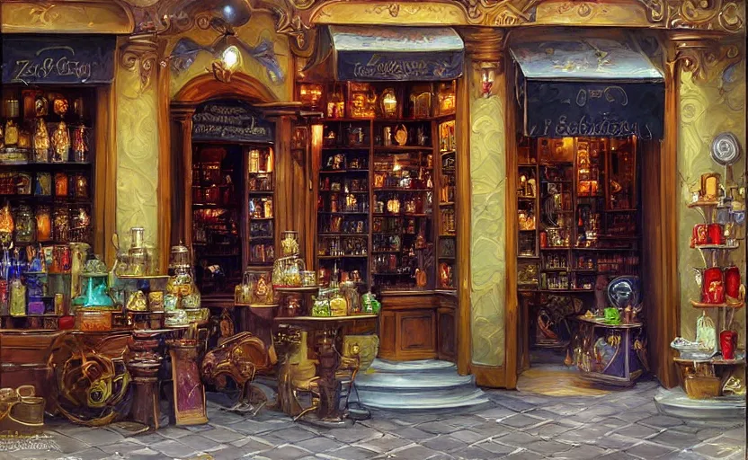 Prompt: Alchemy shop. By Konstantin Razumov, highly detailded