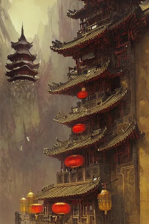 Prompt: steampunk Chinese ancient castle, fantasy, painting by greg rutkowski and alphonse mucha