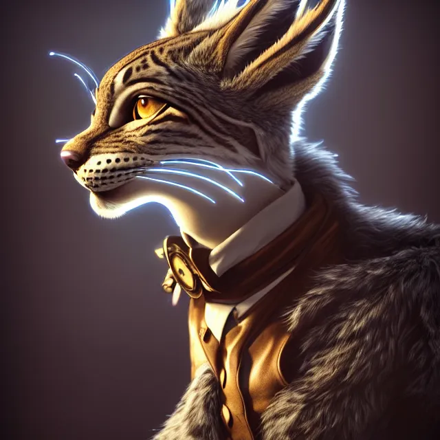 Image similar to the portrait of anthropomorphic lynx fursona wearing a steampunk suit as unimaginably beautiful, gorgeous, elegant, young lynx, an ultrafine hyperdetailed illustration by furaffinity, intricate linework, white fur, unreal engine 5 highly rendered, global illumination, radiant light, detailed and intricate environment