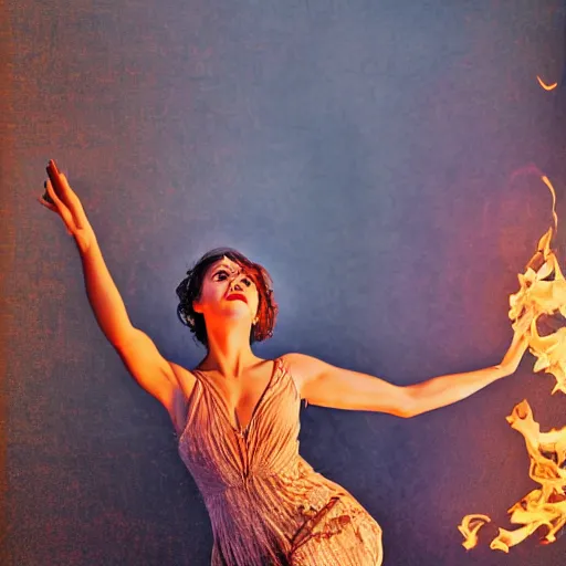 Prompt: beautiful woman is dancing into circle of fire, high resolution, 8k resolution, highly detailed, attention to details, realism, photo-realism, photo by Anton Corbjin, leica 35mm