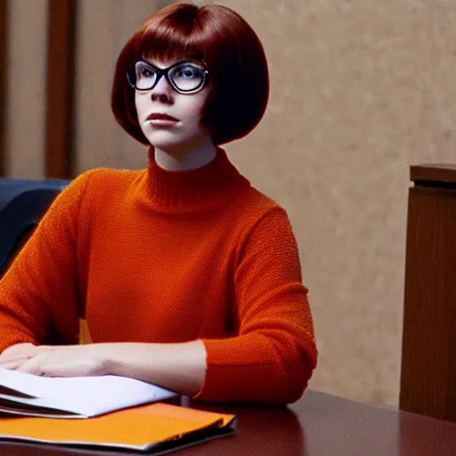 Image similar to Stunning Scene of Velma Dinkley wearing her iconic orange sweater from Scooby Doo in court for falsely accusing someone of being a criminal by Greg Rutkowski. Velma is a teenage female, with chin-length auburn hair and freckles. She is somewhat obscured by her fashion choices, wearing a baggy, thick turtlenecked orange sweater, with a red skirt, knee length orange socks and black Mary Jane shoes. Soft render, Pixiv, artstation