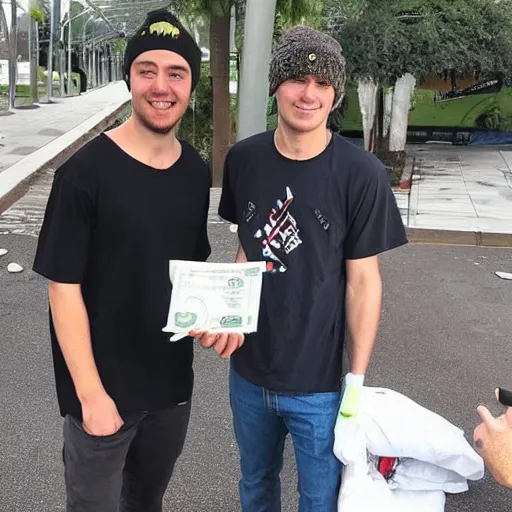 Prompt: MrBeast donating 1 million dollars in cash to a homeless person