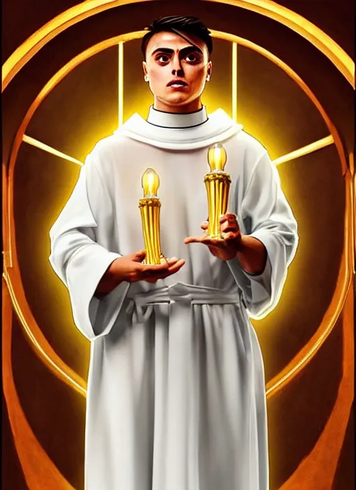 Prompt: paulo dybala as a priest wearing robes. holding golden candlestick, in a monestry natural lighting, path traced, highly detailed, high quality, digital painting, by don bluth and ross tran and studio ghibli and alphonse mucha, artgerm