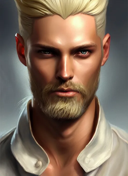 Prompt: a _ fantasy _ style _ portrait _ painting _ of wizard male, medium length hair, blonde pulled back side part and blonde stubble, brown eyes, rpg dnd oil _ painting _ unreal _ 5 _ daz. _ rpg _ portrait _ extremely _ detailed _ artgerm _ greg _ rutkowski _ greg