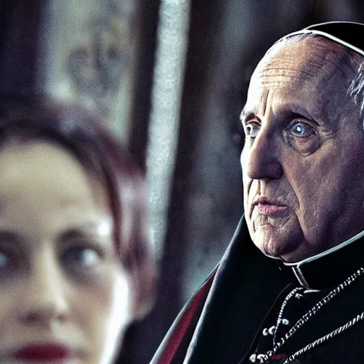 Image similar to movie still, movie frame, the pope as the main character in resident evil