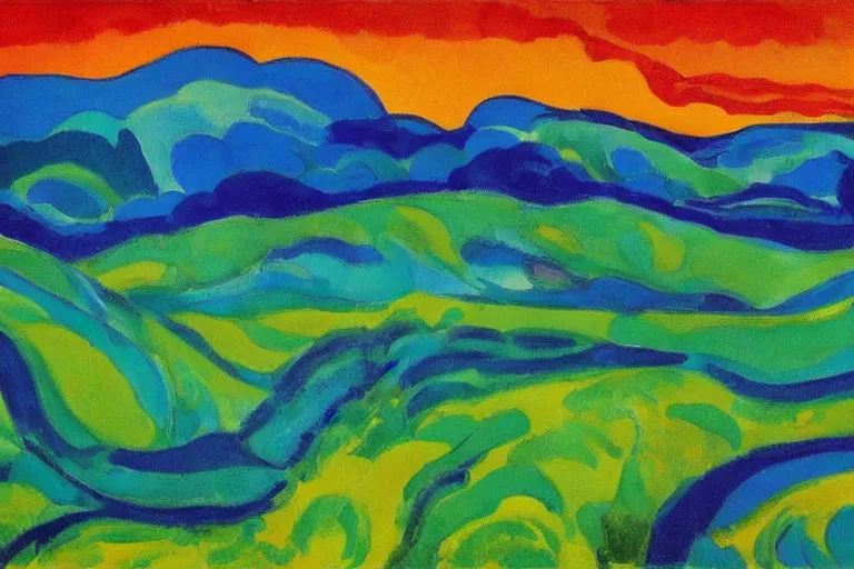 Image similar to Landscape painting. Wild energy patterns rippling in all directions. Curves, zig-zags. Organic. Mountains. Clouds. Vegetation. Rushing water. Waves. LSD. Fauvism. Emil Nolde. Matisse