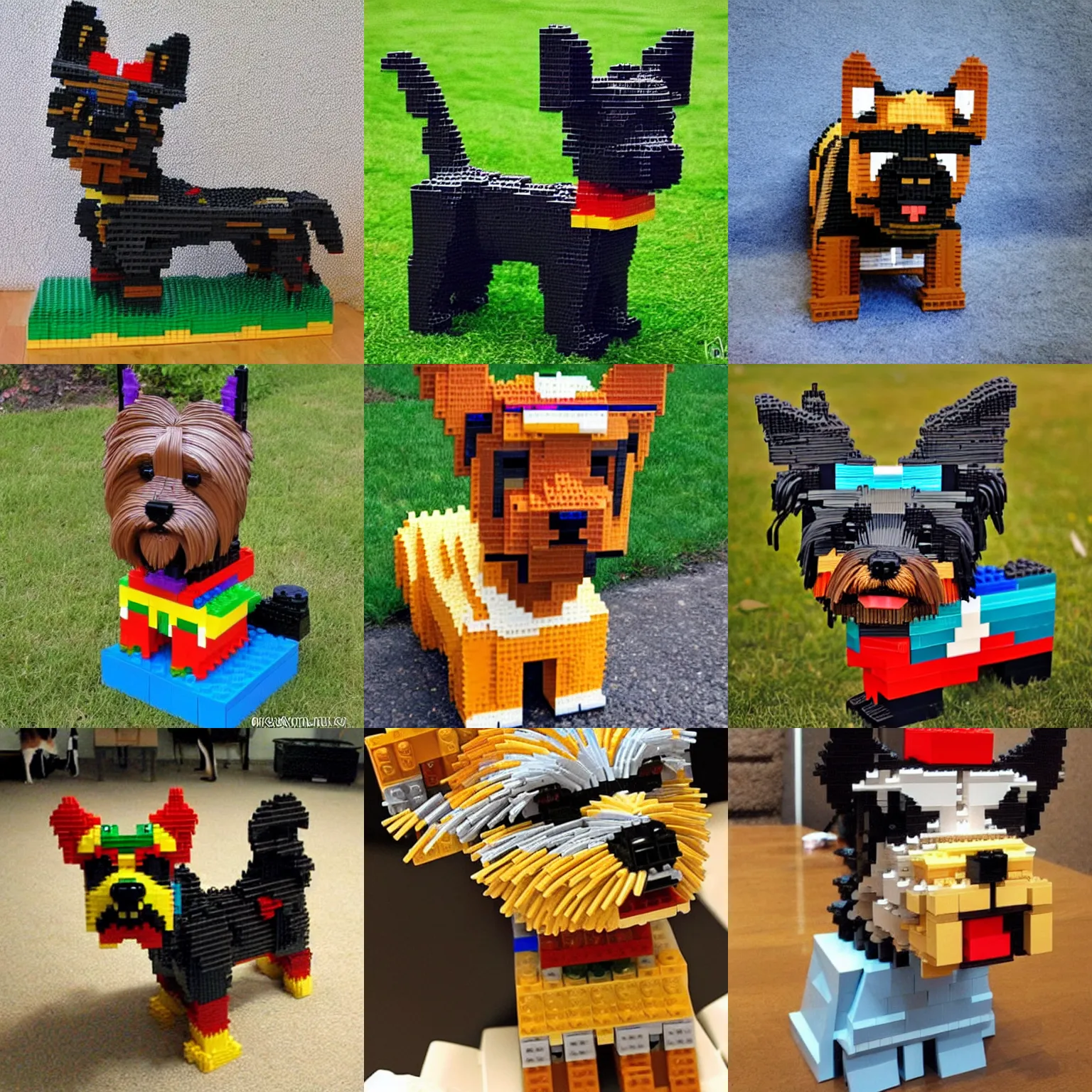 Prompt: a beautiful sculpture of a very cute yorkshire terrier made out of legos.