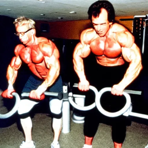 Image similar to Rick Moranis pumping iron in the gym next to Arnold vintage