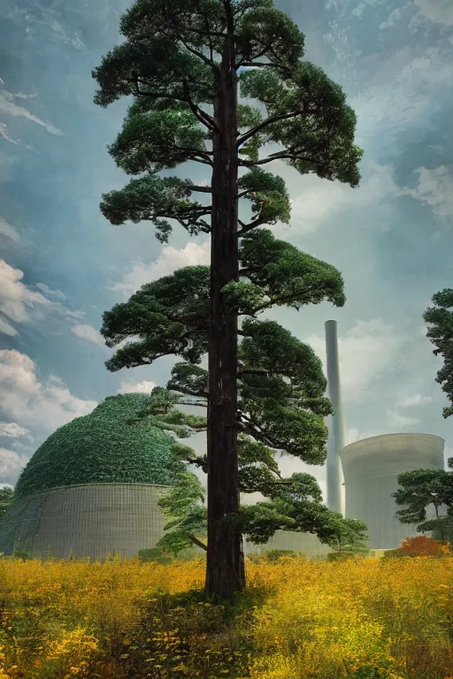 Prompt: nuclear power plant, trees, sun, ruan jia, steve mccurry, ivan shishkin, studio ghibli