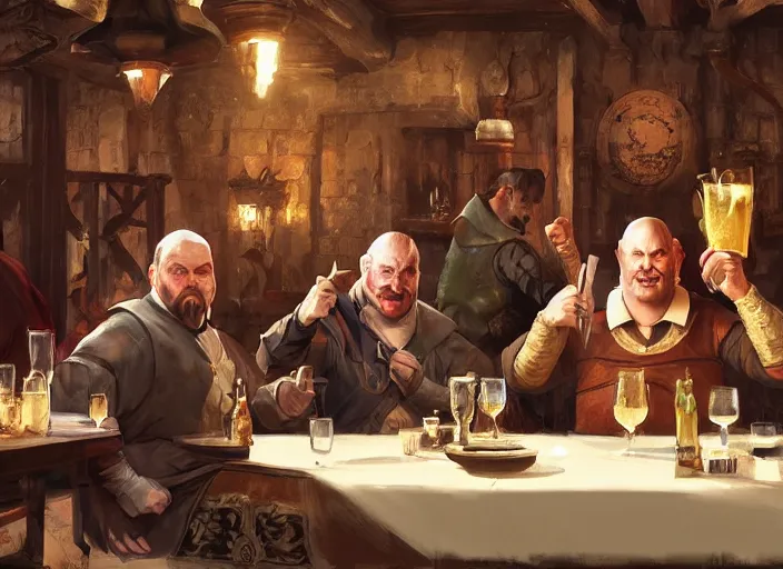 Image similar to medieval rich kingpin sitting in a tavern with his thugs, drinking and cheering, few subjecs, elegant, close frontal shot, digital painting, concept art, smooth, sharp focus, illustration, from d & d by ruan jia and mandy jurgens and artgerm and william - adolphe bouguerea