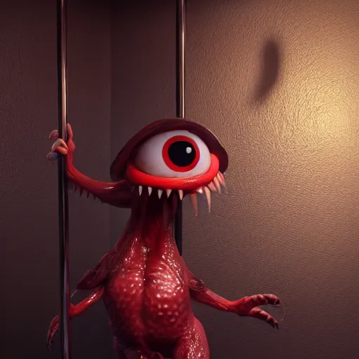 Prompt: a beautiful halitrephes maasi monster with huge eyes and sharp teeth doing a spatchcock on a stripper pole, highly detailed, smooth, very very clean, 8 k, cinematic movie photograph, cinematic lighting, octane render, zbrush central contest winner, 3 d maya render