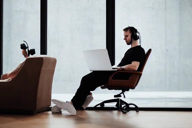 Image similar to a caucasian man who is deep in thought is wearing a white t - shirt and he is wearing black sweat pants and he is wearing headphones and he has a laptop computer sitting on his lap and he is sitting in a brown leather chair and the chair is in the reclining position and the man's legs are resting on the recliner of the chair