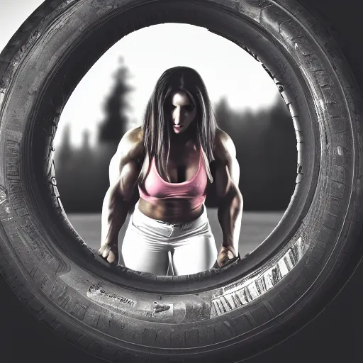 Prompt: car, bodybuilder, woman, holding, road, photo, digital art, hands, tire