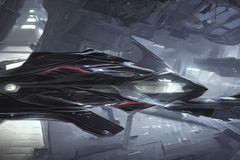 Prompt: a side view photo of a futuristic science fiction corvette on a reflective black floor in a industrial diesel punk scientific research laboratory, hyper detailed, smooth, high contrast, volumetric lighting, octane, jim lee, craig mullins, vibrant rich deep color