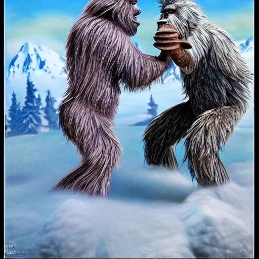 Image similar to a high detailed realistic photo of a yeti and sasquatch fighting