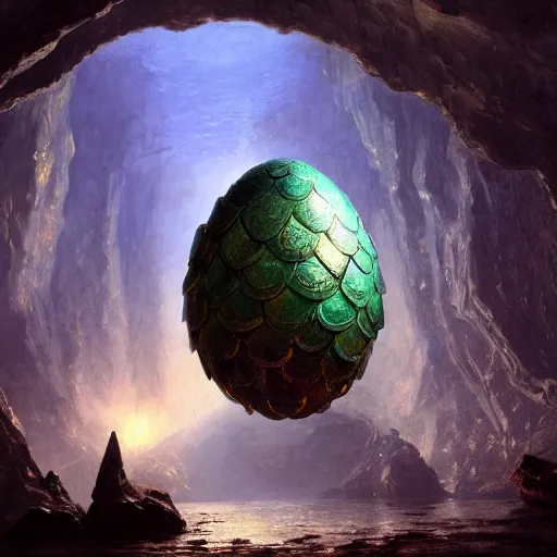 Prompt: A large steel dragon egg inside a metallic cave, fantasy art by Albert Bierstadt and James Gurney, highly detailed, digital painting, matte painting, concept art, illustration, oppressive lighting, trending on artstation, very detailed