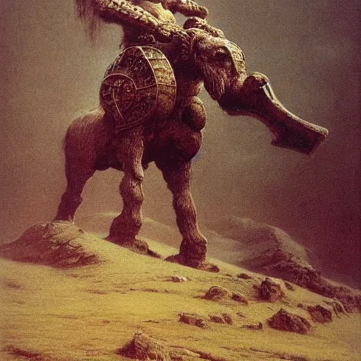 Image similar to ancient norse mammoth rider, wearing norse armor, beksinski