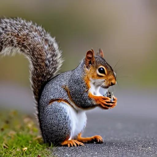 Prompt: nature photography of a squirrel eating a dead bird on the side of the road