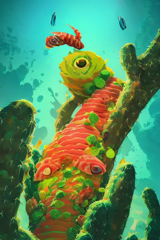 Image similar to 3 d render creature animal sushi cristal very big eye roots cactus elemental flush of force nature micro world fluo fishscale, comics gta 5 cover, official fanart behance hd artstation by jesper ejsing, by rhads, makoto shinkai and lois van baarle, ilya kuvshinov, ossdraws