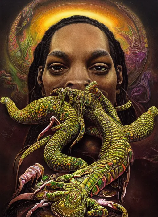 Image similar to snoop dogg reptile eyes, shamanic poster lsd art, intricate, elegant, highly detailed, centered, digital painting, artstation, concept art, smooth, sharp focus, illustration, artgerm, tomasz alen kopera, peter mohrbacher, donato giancola, joseph christian leyendecker, wlop, frank frazetta