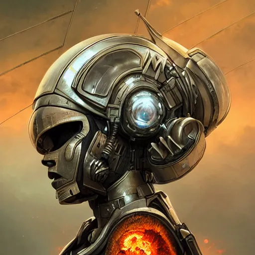 Image similar to ultra realist and ultra intricate detailed soft painting of a beautiful sci-fi armored female, from the waist up, sci-fi helmet, symmetry features, sensual gloomy style, volumetric clouds, cyberpunk burning building background, artstation, unreal render, depth of field