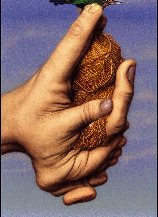 Image similar to a bird with two human hands, hyperrealism, no blur, 4 k resolution, ultra detailed, style of carlos schwabe