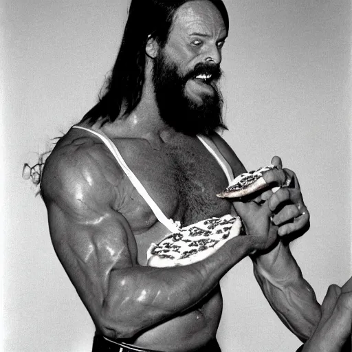 Prompt: macho man randy savage rubbing pizza over his muscled chest