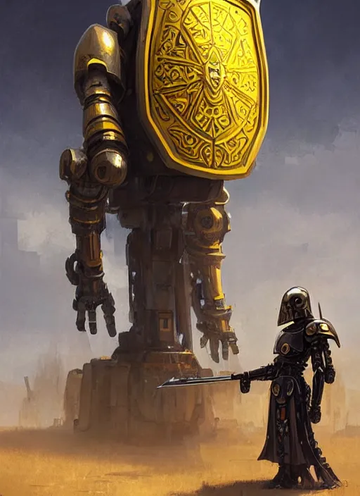 Image similar to tall strong intricate yellow pit droid holding large paladin medieval shield!!! and a long medieval engraved powerful great sword, pancake short large head painterly humanoid mecha, beautiful fantasy background by Greg Rutkowski