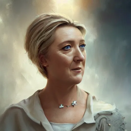 Prompt: Portrait of Marine le Pen , heroic, amazing splashscreen artwork, splash art, head slightly tilted, natural light, elegant, intricate, fantasy, atmospheric lighting, cinematic, matte painting, detailed face, by Greg rutkowski