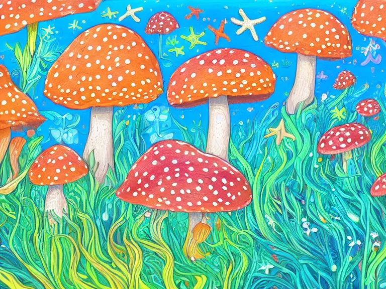 Prompt: digital painting detailed beach and shoreline starfish magical forest flowers mushrooms painted by jeremiah ketner