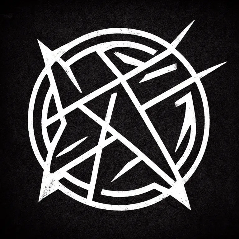 Prompt: symmetrical heavy trash metal spiky dark creepy dark dirty grungy font logo typography illustration pentagram white logo on black background