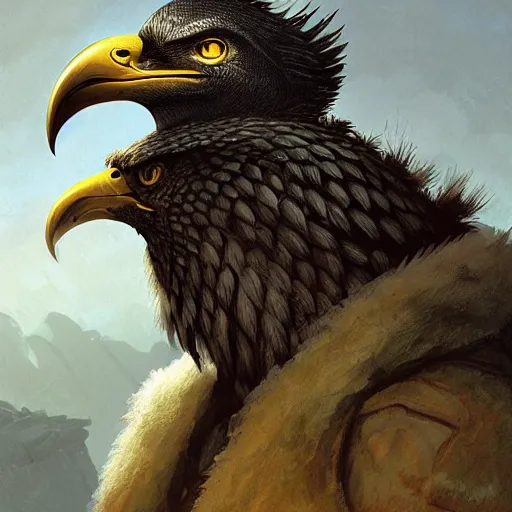 Prompt: head and shoulders portrait of a male aarakocra anthropomorphic eagle, d & d, fantasy, greg rutkowski, frank frazetta, alexandre chaudret, boris vallejo, michael whelan, miro petrov, hr giger, magali villeneuve, donato giancola