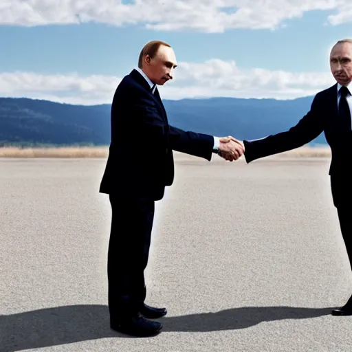 Image similar to Walter White and Vladimir Putin shaking hands, 8k, dslr, cinematic,